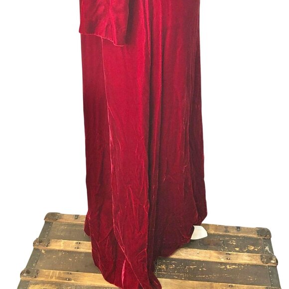 Vintage 1970s Red Velvet LS Empire Waist Maxi Dress Embroidered Waistband - Picture 9 of 12